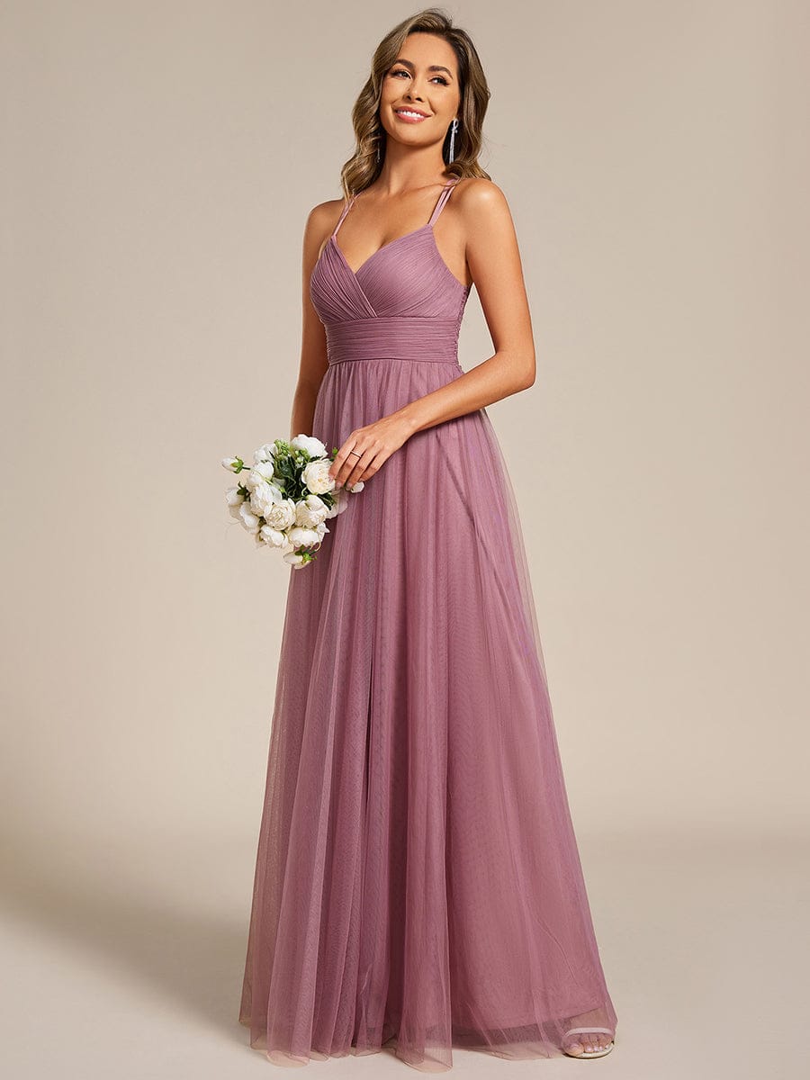 Lace Back Cross-Strap V-Neck Pleated Sleeveless Tulle Dress in Dark Green #color_Purple Orchid