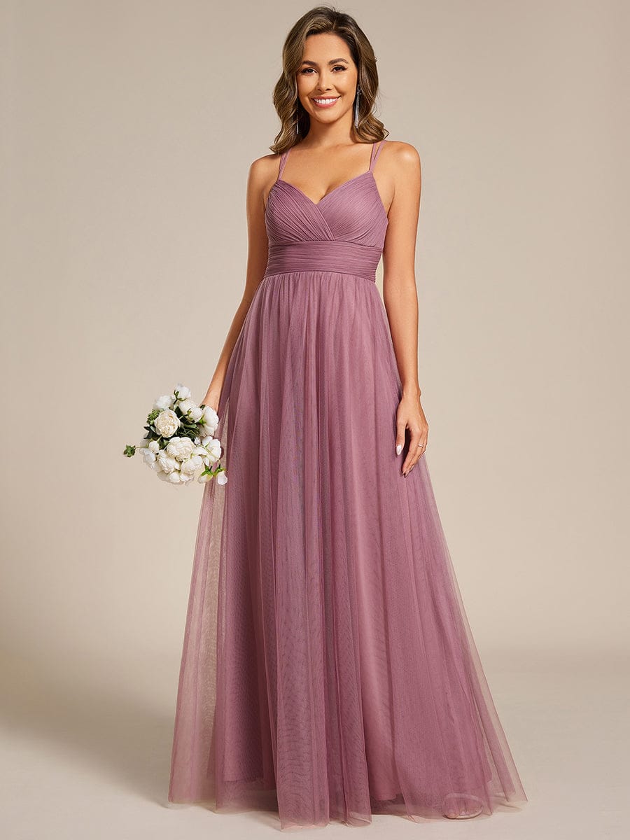 Lace Back Cross-Strap V-Neck Pleated Sleeveless Tulle Dress In Pink #color_Purple Orchid