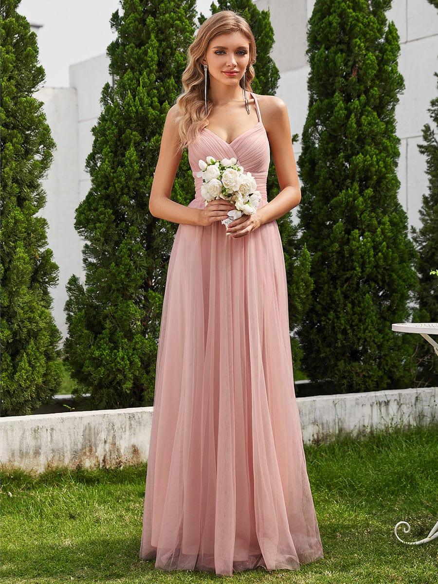 JAYCEE Lace Back Cross Strap V Neck Pleated Sleeveless Tulle Bridesmaid Dress
