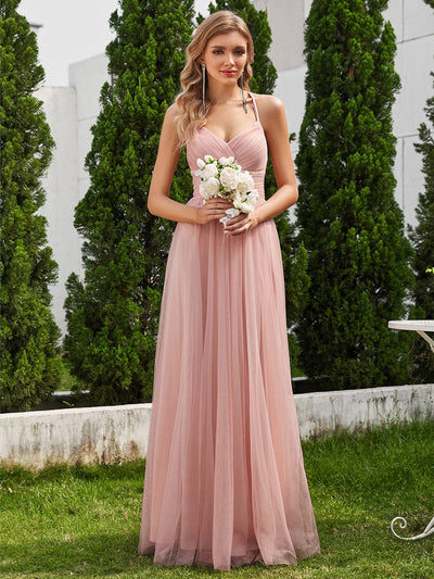 Lace Back Cross-Strap V-Neck Pleated Sleeveless Tulle Dress in Dark Green #color_Pink