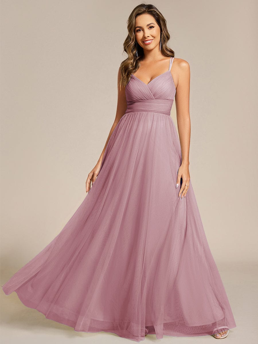 Lace Back Cross-Strap V-Neck Pleated Sleeveless Tulle Dress In Pink #color_Vintage Mauve