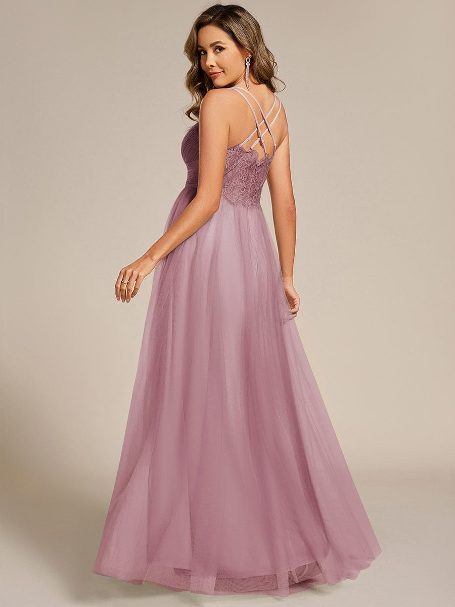 Lace Back Cross-Strap V-Neck Pleated Sleeveless Tulle Dress In Pink #color_Vintage Mauve