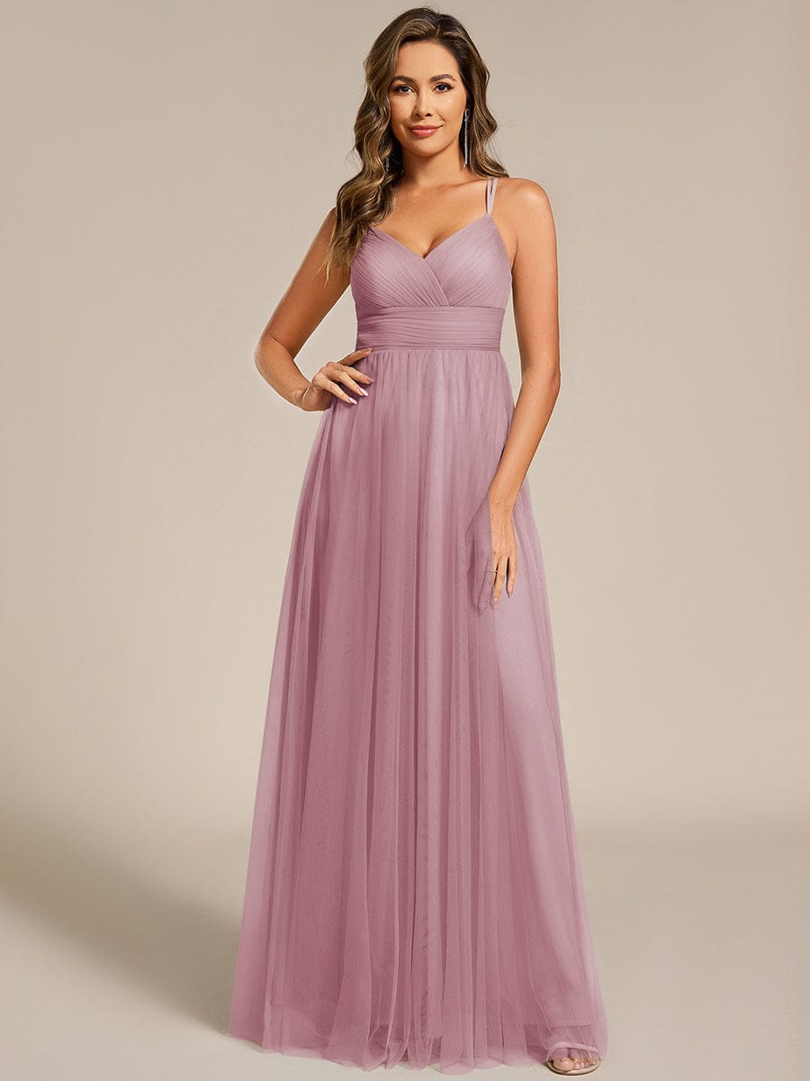 Lace Back Cross-Strap V-Neck Pleated Sleeveless Tulle Dress In Pink #color_Vintage Mauve