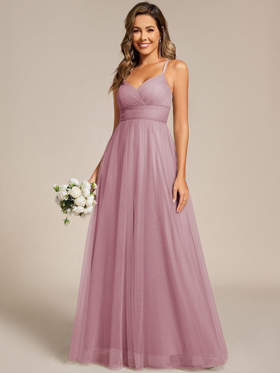 Lace Back Cross-Strap V-Neck Pleated Sleeveless Tulle Dress In Pink #color_Vintage Mauve