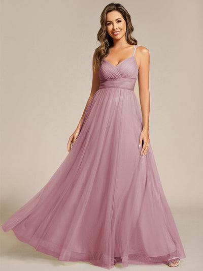 Lace Back Cross-Strap V-Neck Pleated Sleeveless Tulle Dress in Dark Green #color_Vintage Mauve