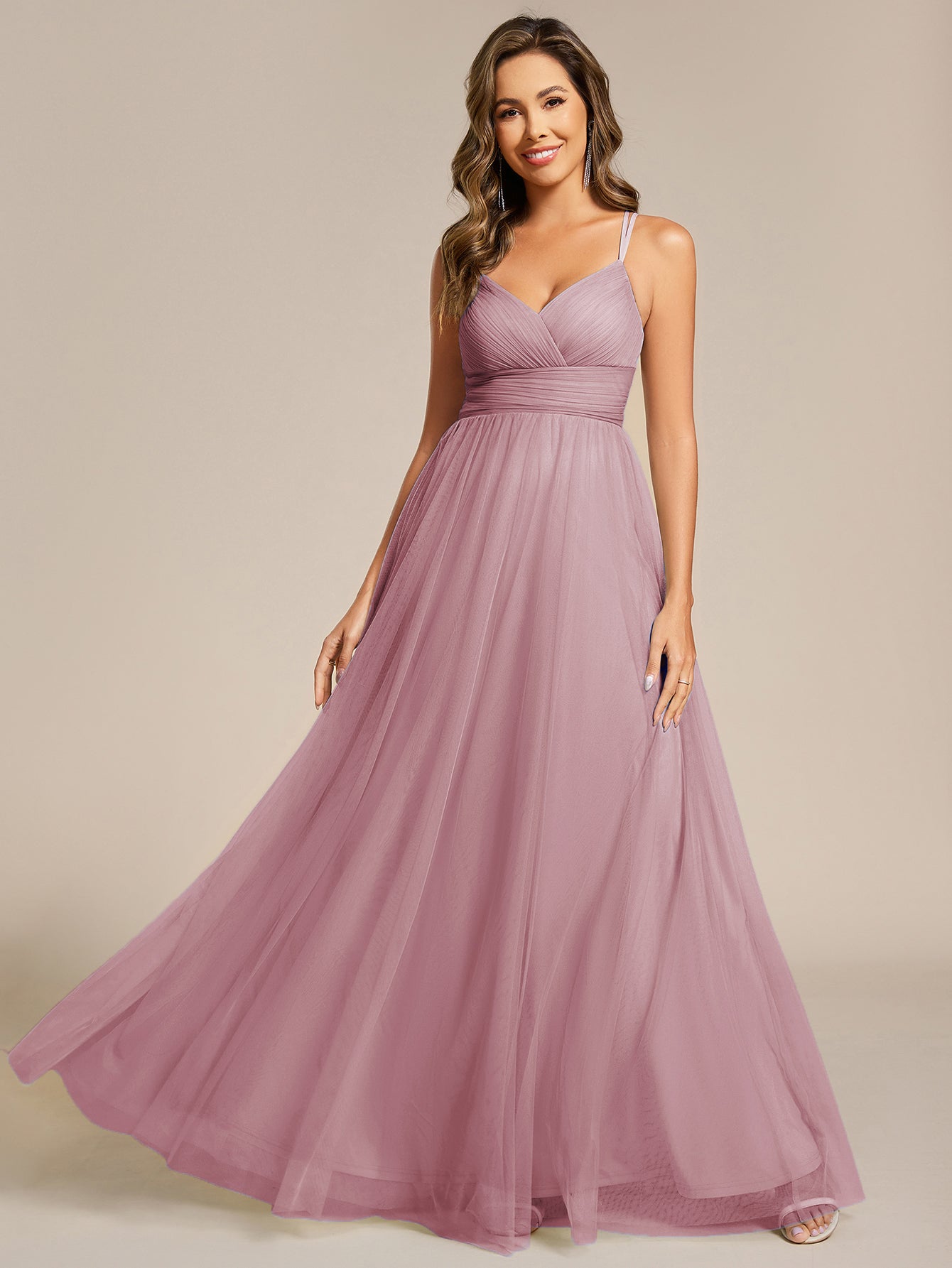 Lace Back Cross-Strap V-Neck Pleated Sleeveless Tulle Bridesmaid Dress #color_Vintage Mauve
