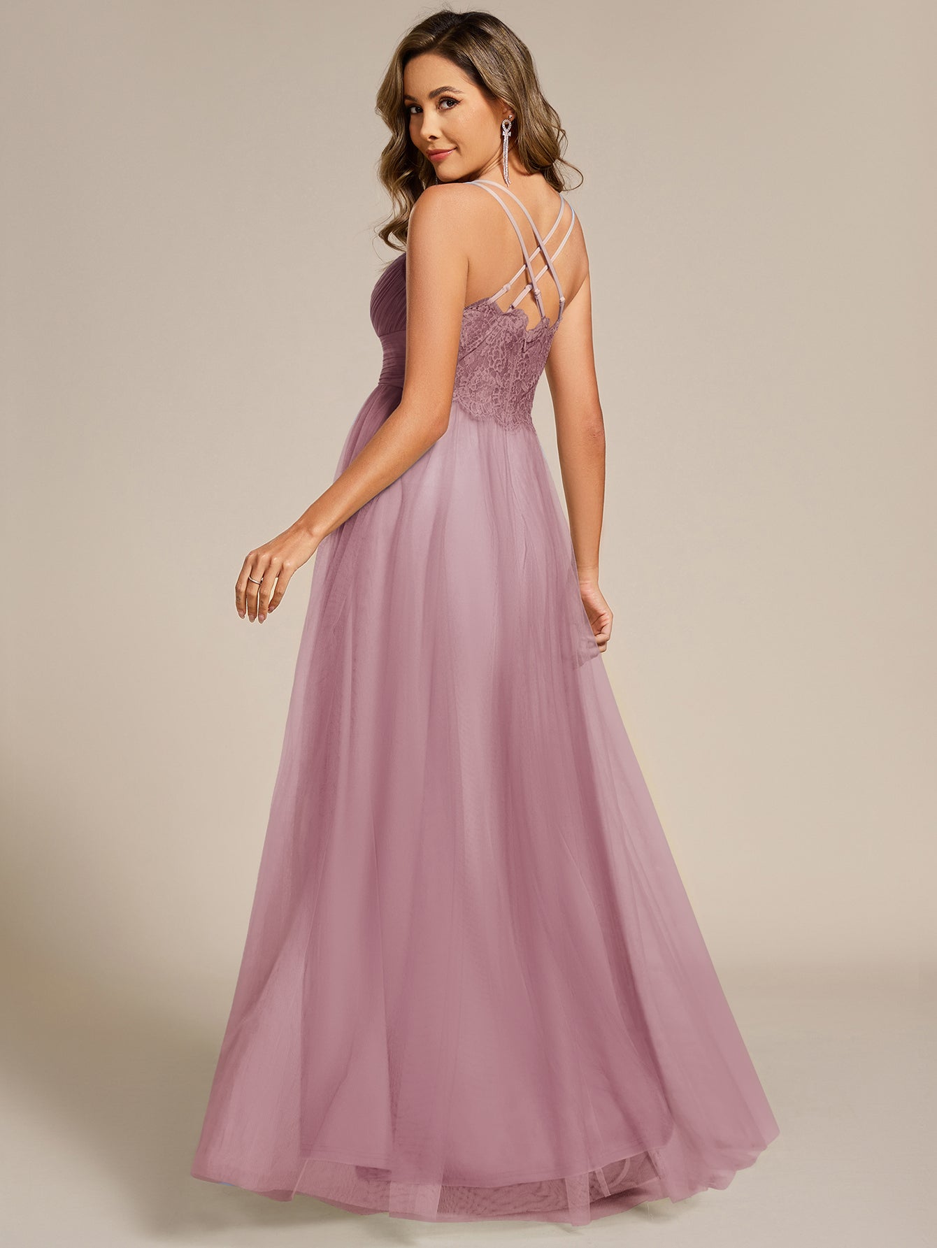Lace Back Cross-Strap V-Neck Pleated Sleeveless Tulle Bridesmaid Dress #color_Vintage Mauve