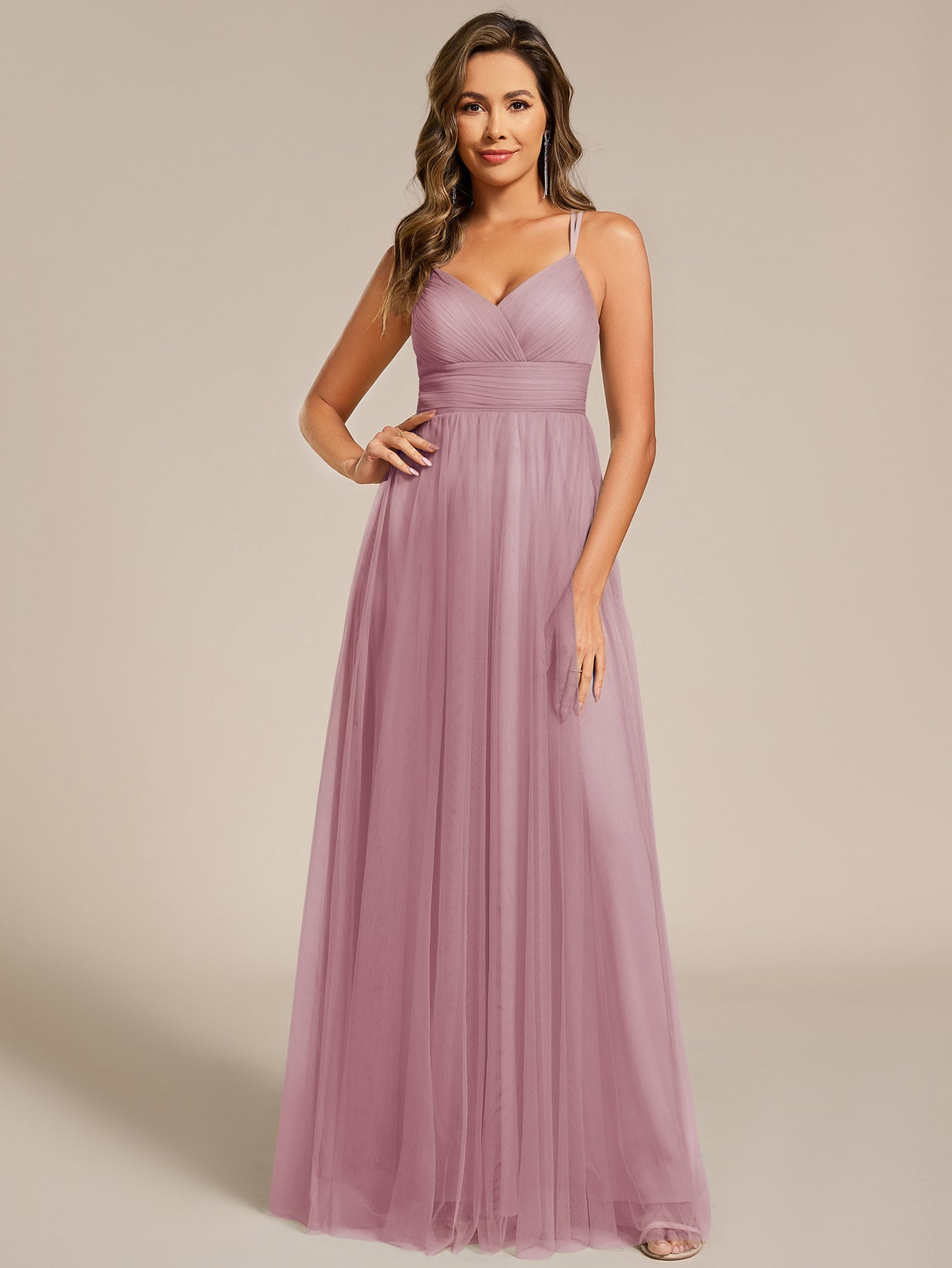Lace Back Cross-Strap V-Neck Pleated Sleeveless Tulle Bridesmaid Dress #color_Vintage Mauve