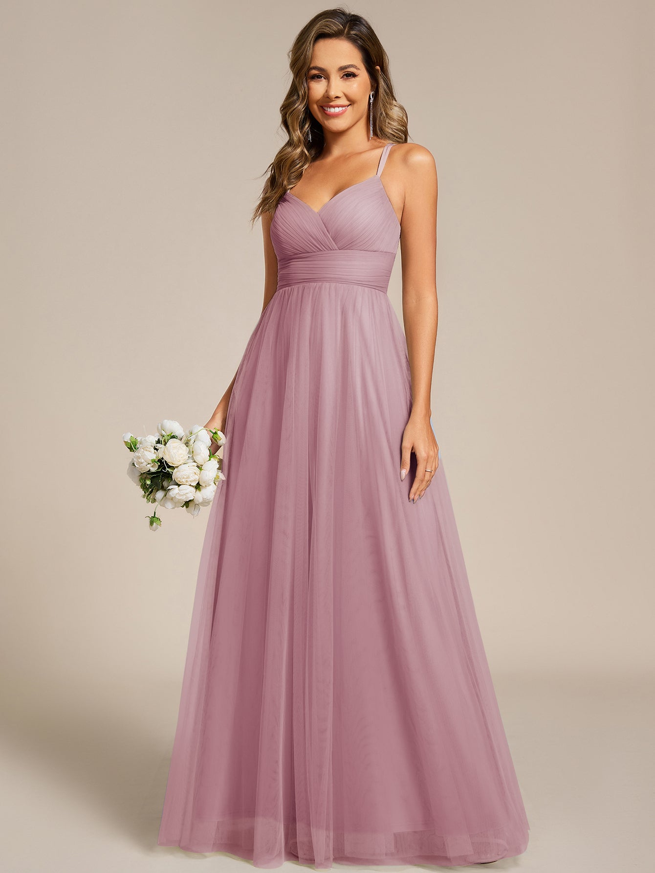 Lace Back Cross-Strap V-Neck Pleated Sleeveless Tulle Bridesmaid Dress #color_Vintage Mauve