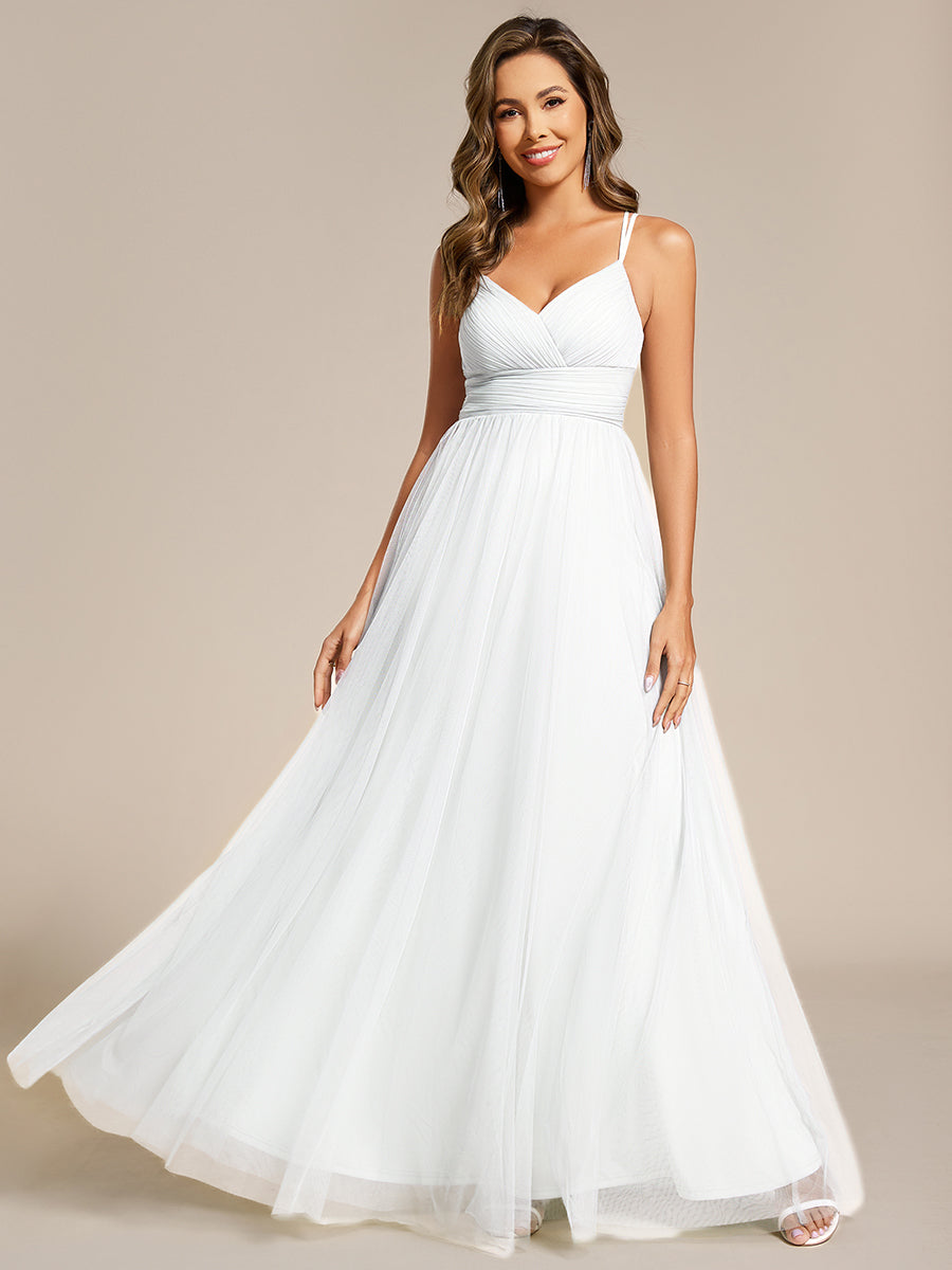 Lace Back Cross-Strap V-Neck Pleated Sleeveless Tulle Bridesmaid Dress #color_White