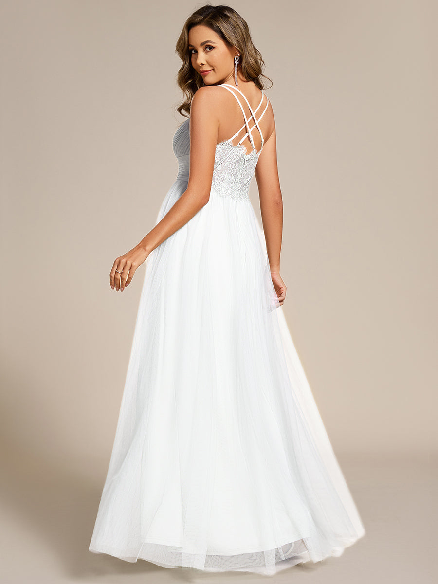 Lace Back Cross-Strap V-Neck Pleated Sleeveless Tulle Bridesmaid Dress #color_White