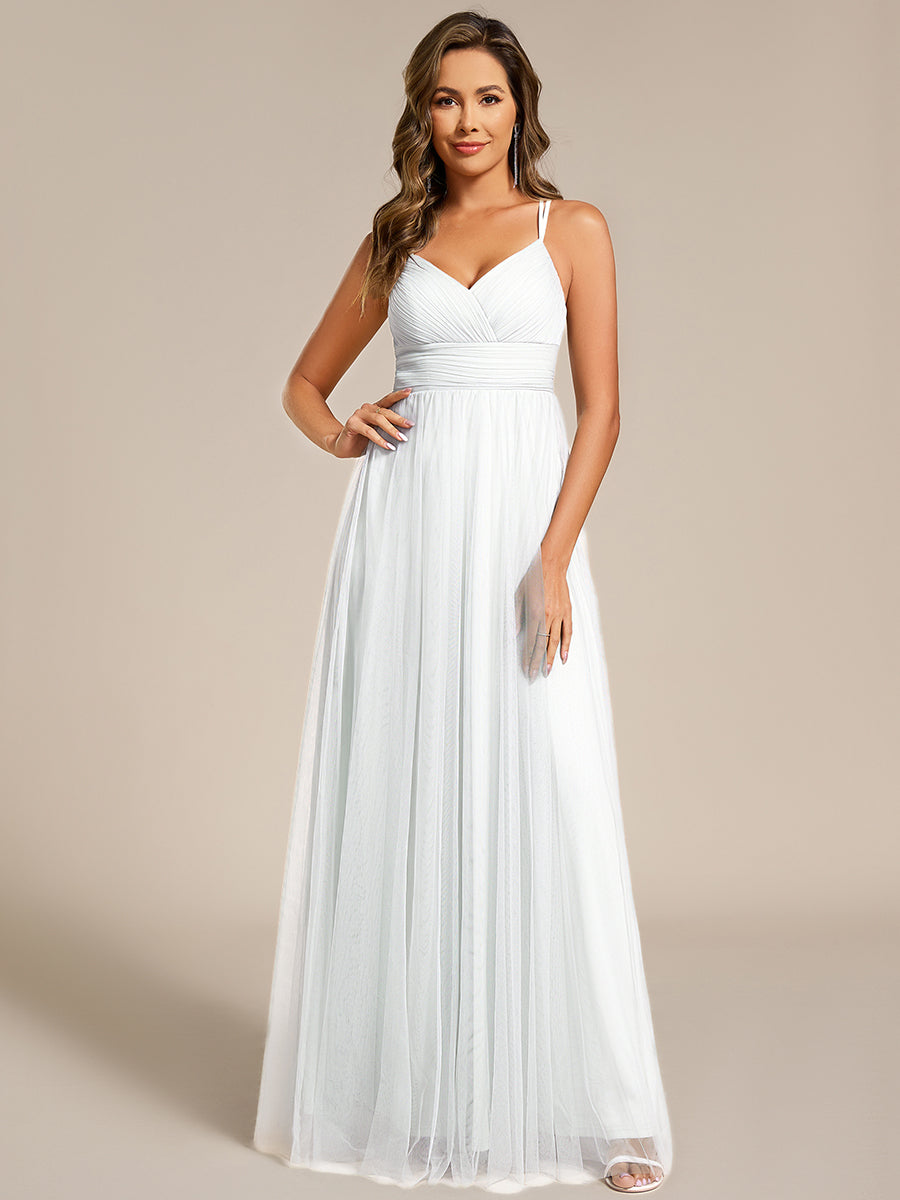 Lace Back Cross-Strap V-Neck Pleated Sleeveless Tulle Bridesmaid Dress #color_White