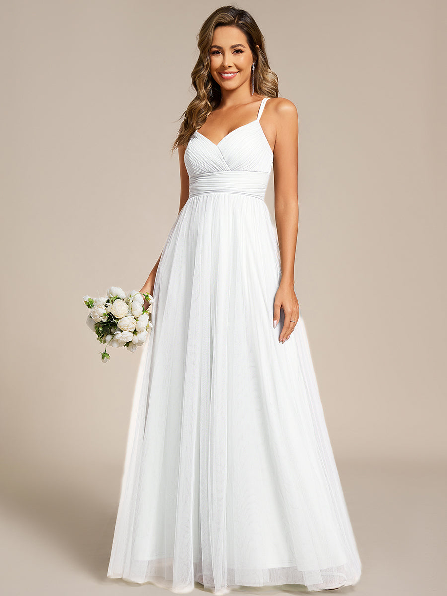 Lace Back Cross-Strap V-Neck Pleated Sleeveless Tulle Bridesmaid Dress #color_White