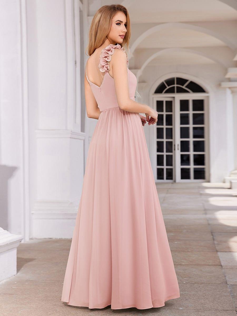 Elegant V-Neck Floral Strap Empire Waist Chiffon Bridesmaid Dress #color_Pink