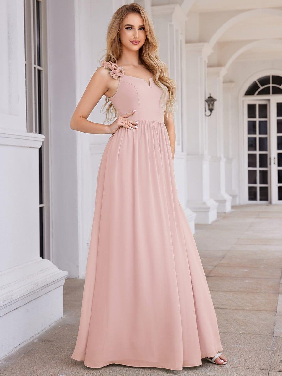 Elegant V-Neck Floral Strap Empire Waist Chiffon Bridesmaid Dress #color_Pink