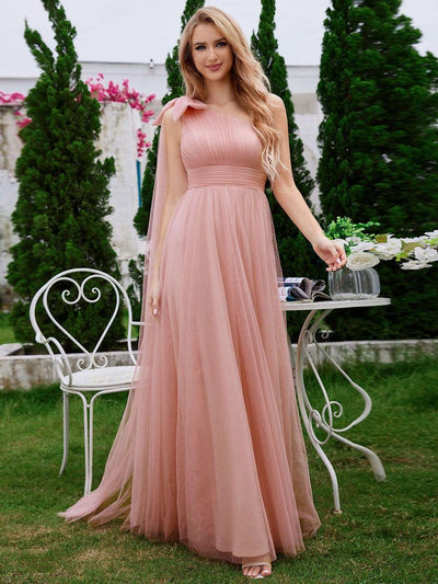One Shoulder Streamer A-Line Tulle Maxi Bridesmaid Dress with Bowknot #color_Pink