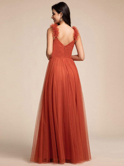Sleeveless Pleated Glitter Maxi Bridesmaid Dress With Embellished Straps #color_Burnt Orange