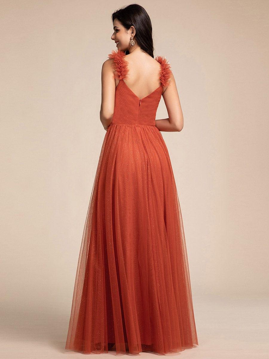 Sleeveless Pleated Glitter Maxi Bridesmaid Dress With Embellished Straps #color_Burnt Orange