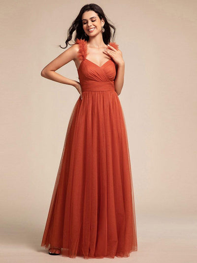 Sleeveless Pleated Glitter Maxi Bridesmaid Dress With Embellished Straps #color_Burnt Orange