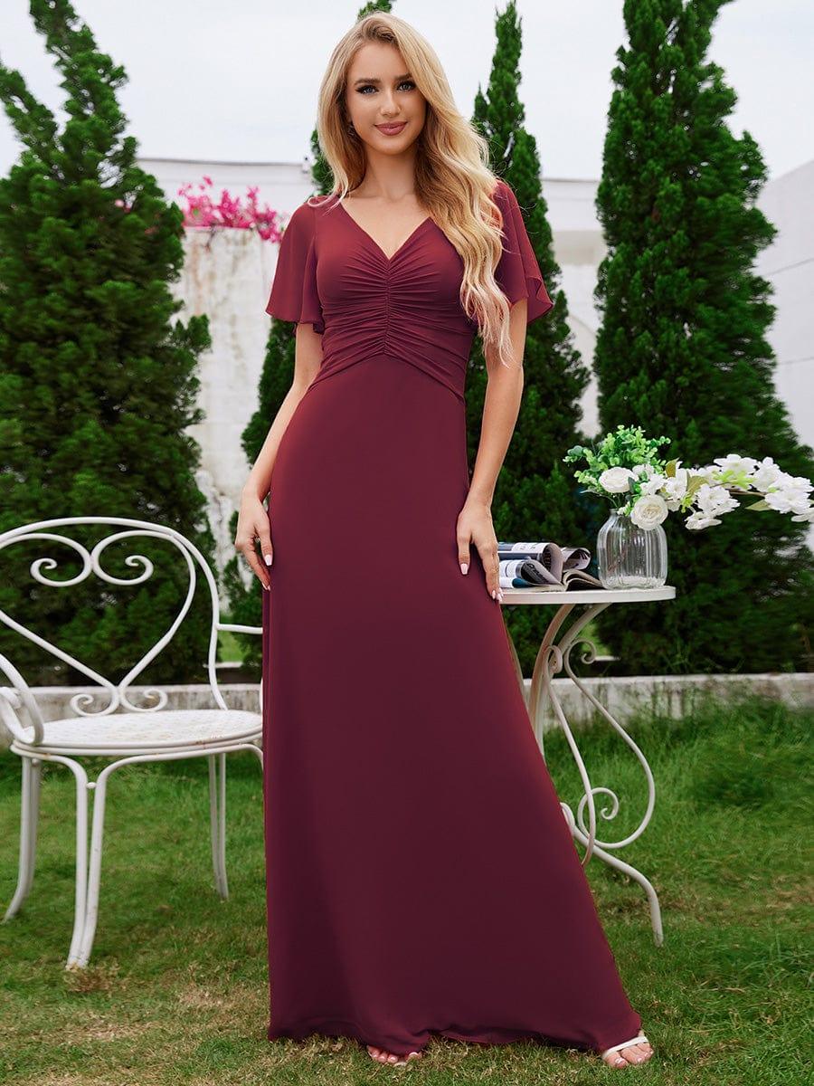 A-Line Ruffle Sleeves Chiffon Bridesmaid Dress with V-Neck Pleats #color_Burgundy