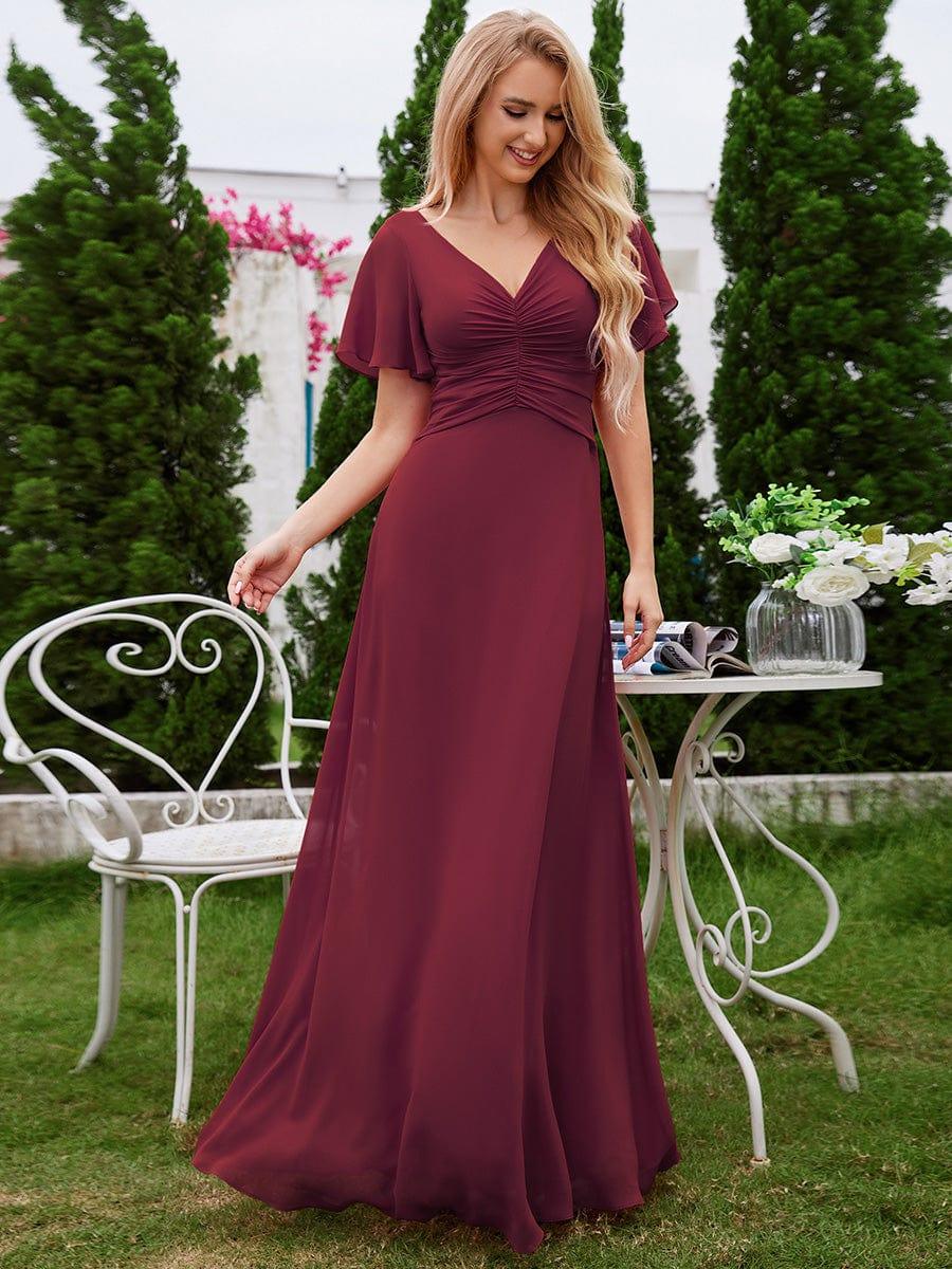 A-Line Ruffle Sleeves Chiffon Bridesmaid Dress with V-Neck Pleats #color_Burgundy