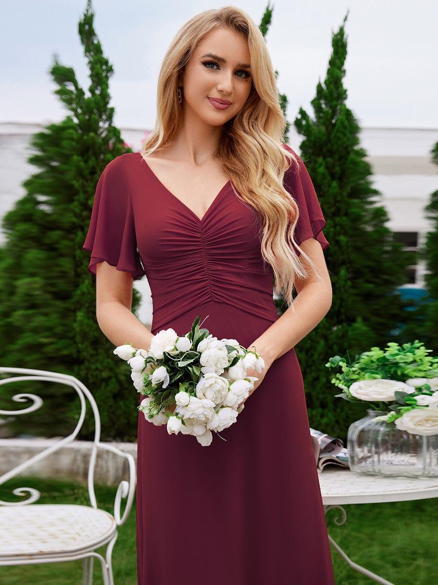 A-Line Ruffle Sleeves Chiffon Bridesmaid Dress with V-Neck Pleats #color_Burgundy