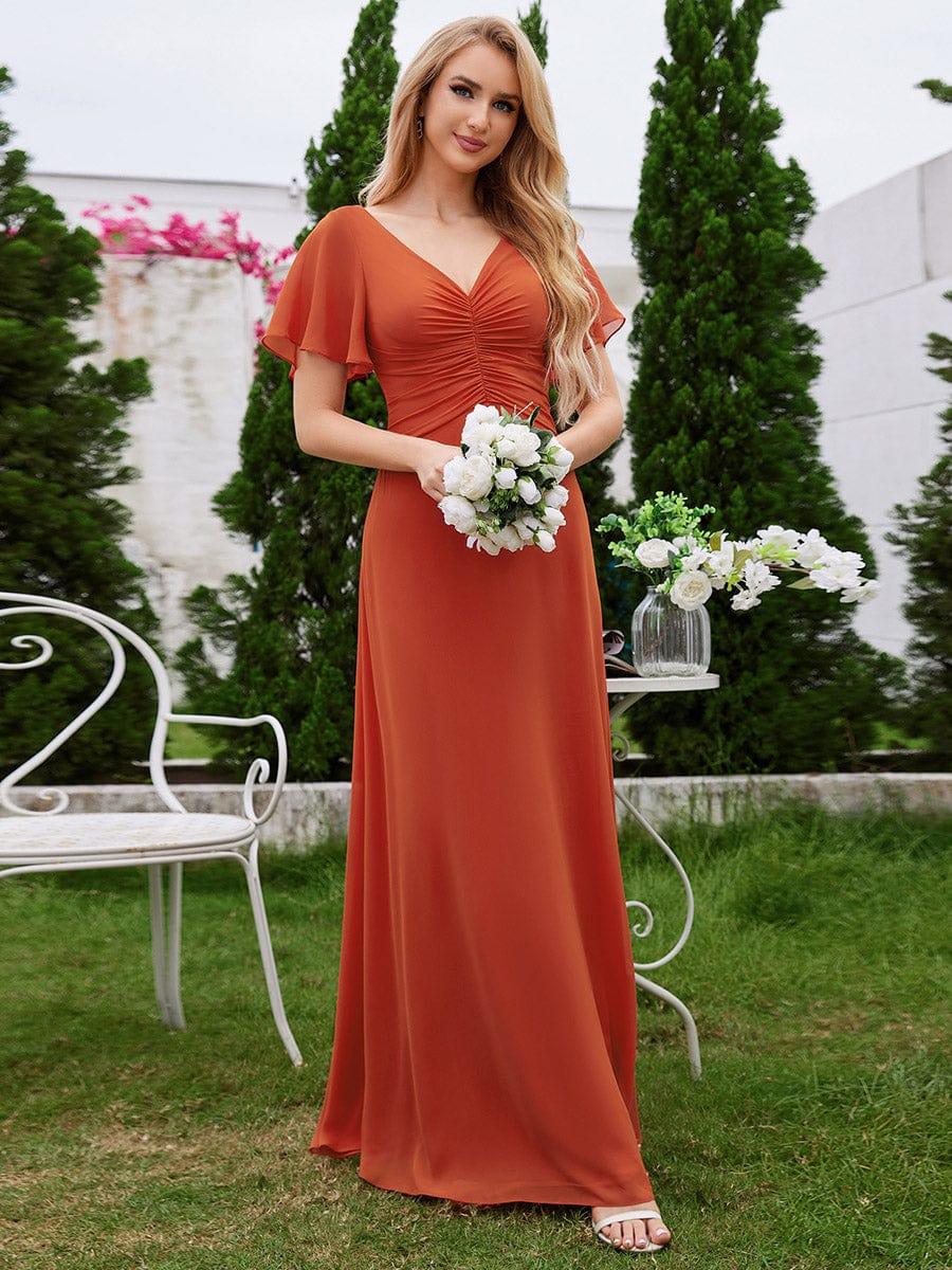 A-Line Ruffle Sleeves Chiffon Bridesmaid Dress with V-Neck Pleats #color_Burnt Orange
