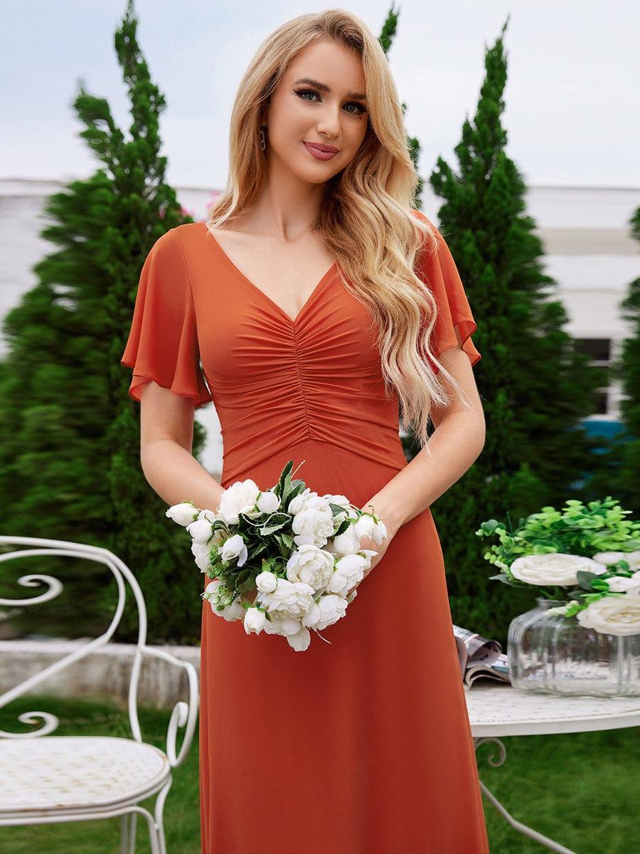 A-Line Ruffle Sleeves Chiffon Bridesmaid Dress with V-Neck Pleats #color_Burnt Orange