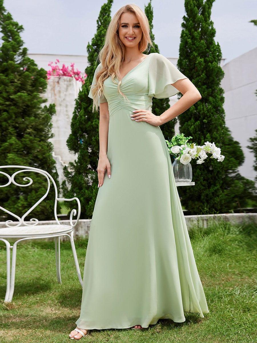 A-Line Ruffle Sleeves V-Neck Pleated Chiffon Bridesmaid Dress