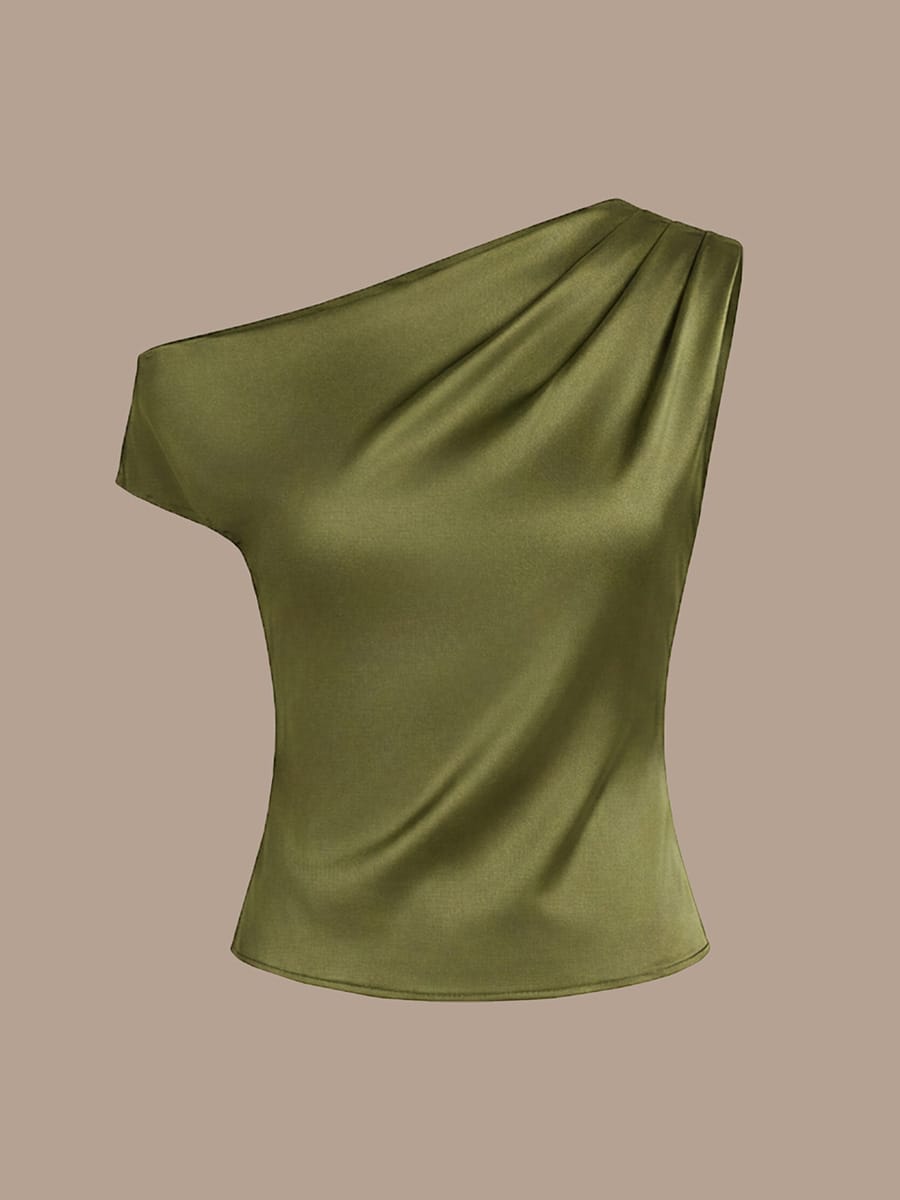 Satin Off-the-shoulder Sleeve Off The Shoulder Tops #color_Olive Green