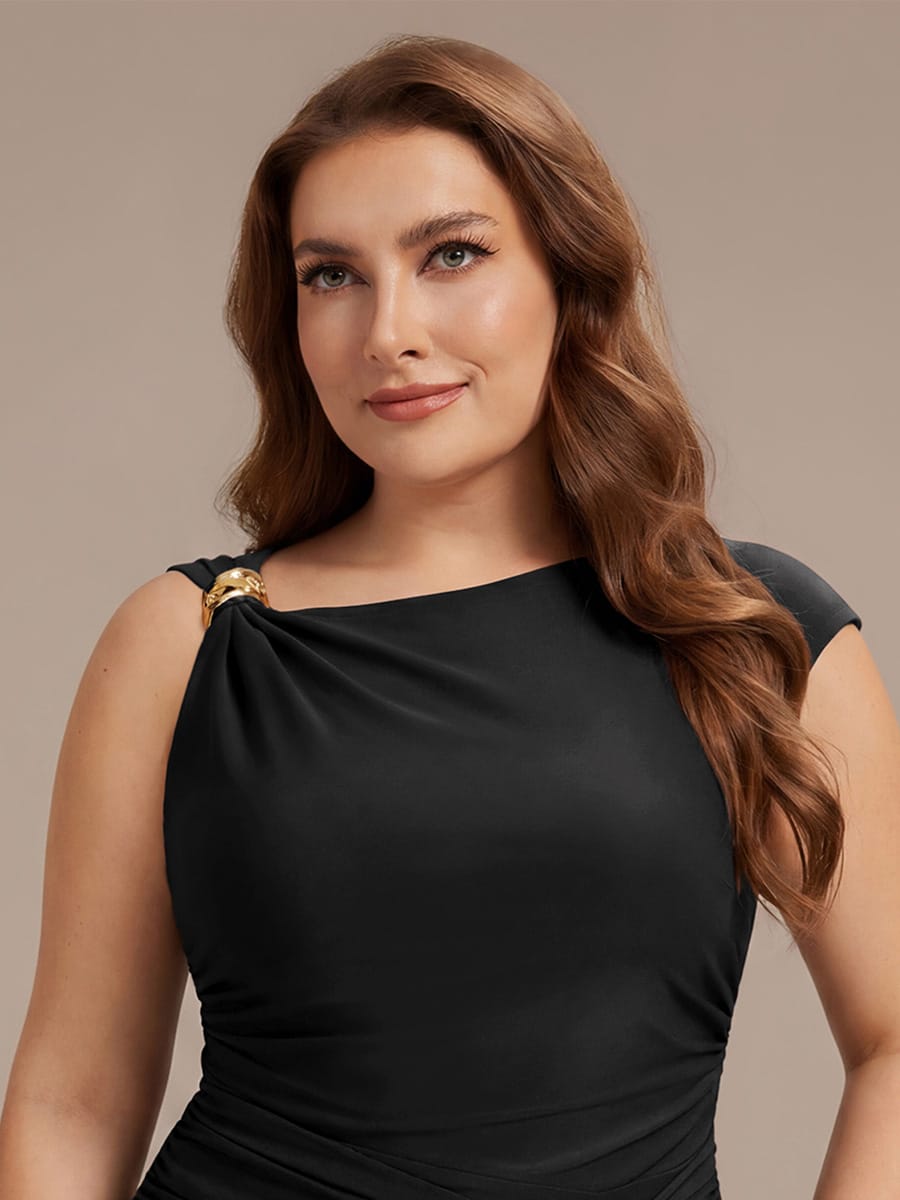 Knit Cap Sleeve Asymmetrical Neckline Tops #color_Black