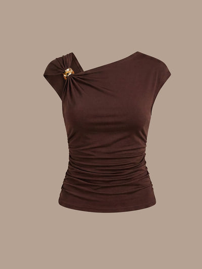 Knit Cap Sleeve Asymmetrical Neckline Top