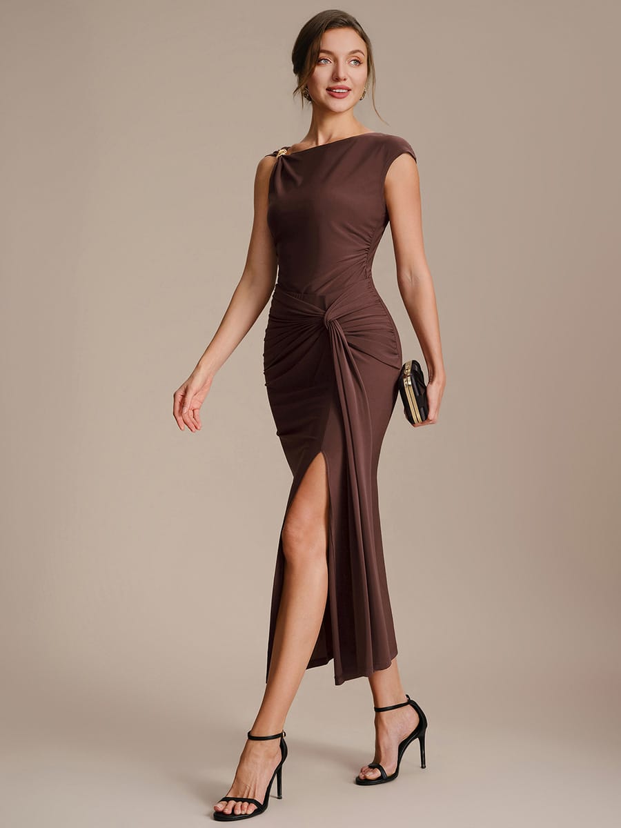 Knit Cap Sleeve Asymmetrical Neckline Tops #color_Chocolate Brown