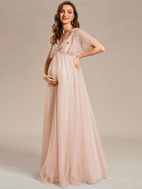 Sequin Short Sleeve V-Neck Tulle A-Line Maternity Dress