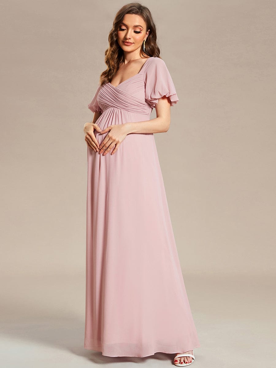 Short Sleeve A-Line Chiffon Pleated Tie-Back Maternity Dress