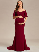 V-Neck Off-Shoulder A-Line Fishtail Maternity Dress #Color_Burgundy