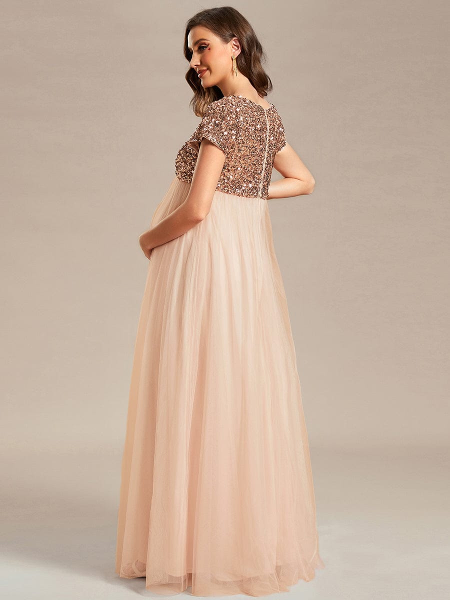 Round Neck Short Sleeve Sequin Tulle Empire Waist Maternity Dress #color_Blush