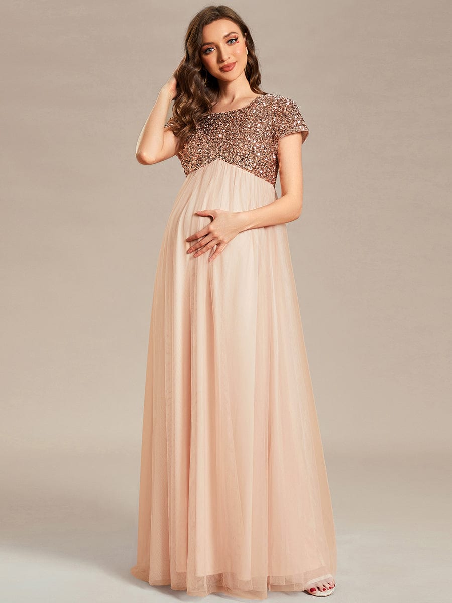 Round Neck Short Sleeve Sequin Tulle Empire Waist Maternity Dress #color_Blush