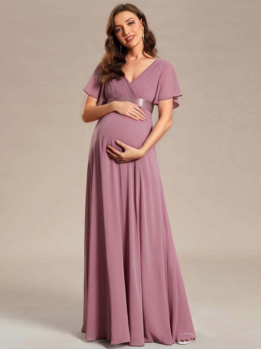 Pleated Bodice Ruffle Sleeves V Neck Floor Length Maternity Dress #color_Purple Orchid