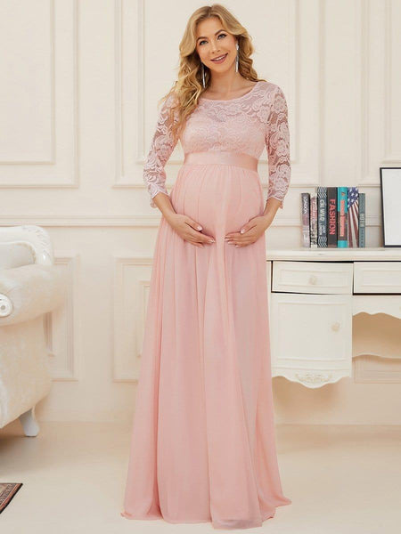 3/4 Sleeves Round Neck V-Back Maternity Pink Maxi Dress Ever