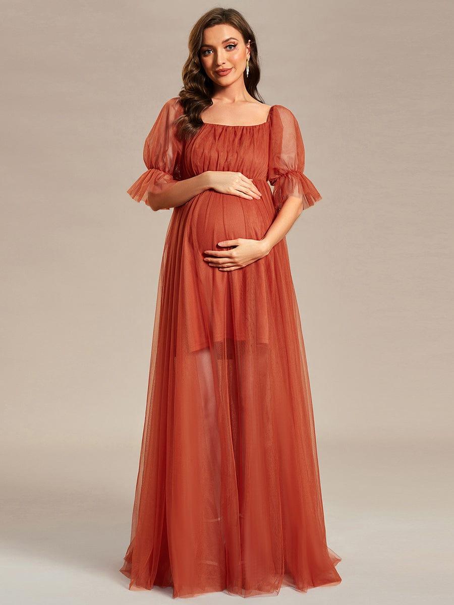 Off the Shoulder Pleated Tulle Maxi Maternity Dress #color_Burnt Orange
