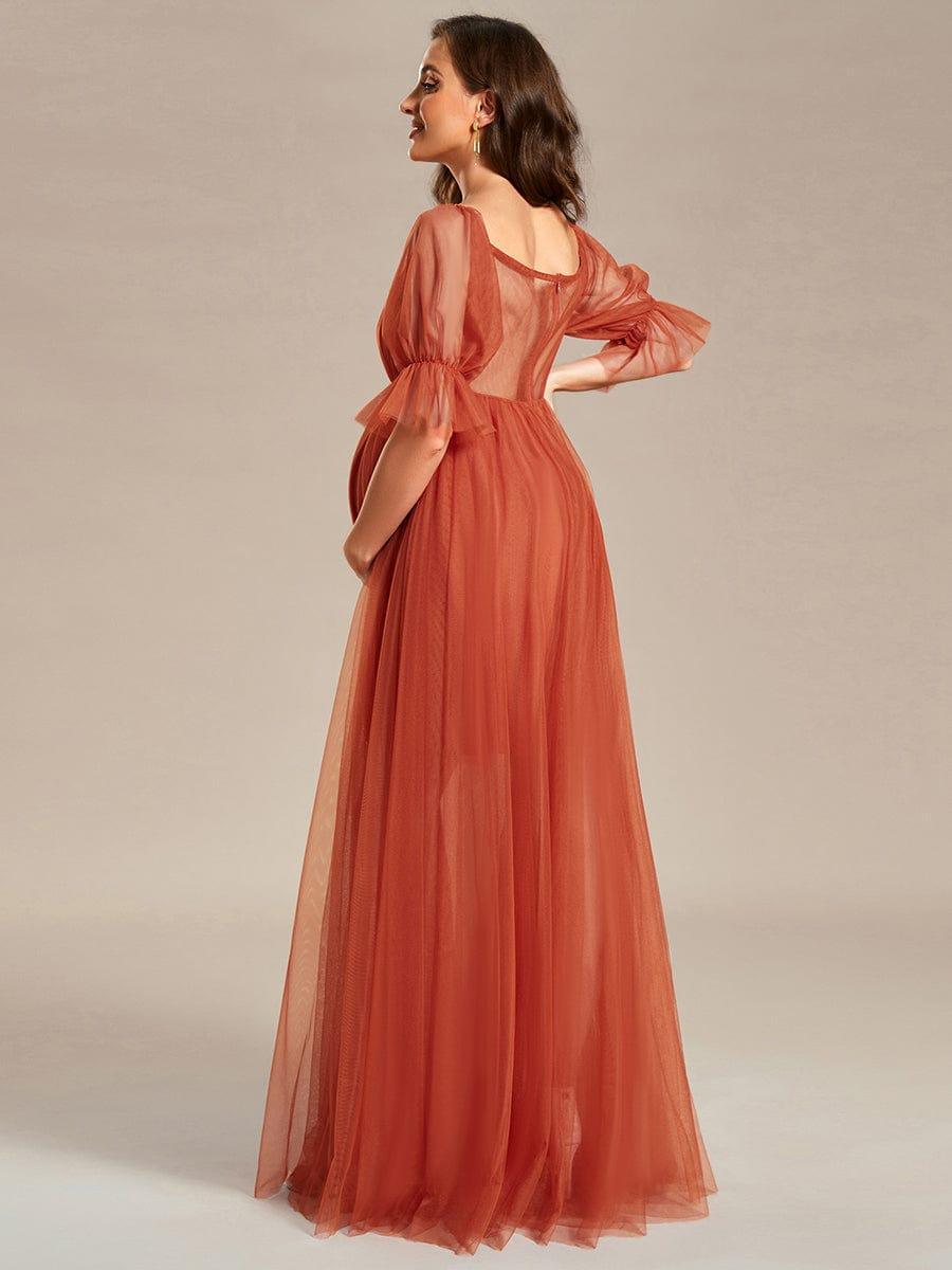 Off the Shoulder Pleated Tulle Maxi Maternity Dress #color_Burnt Orange