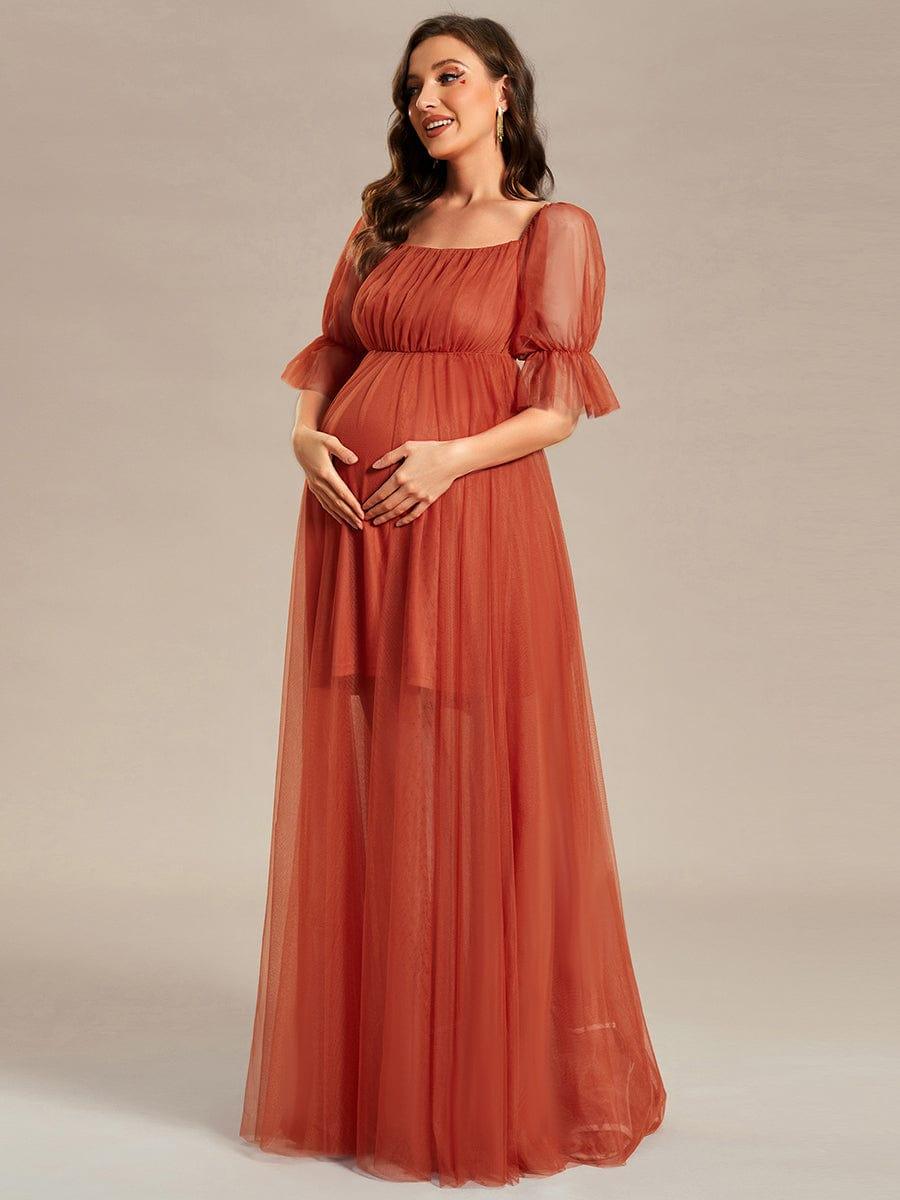 Off the Shoulder Pleated Tulle Maxi Maternity Dress #color_Burnt Orange