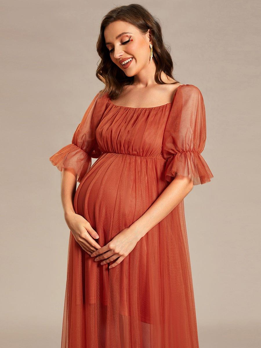 Off the Shoulder Pleated Tulle Maxi Maternity Dress #color_Burnt Orange