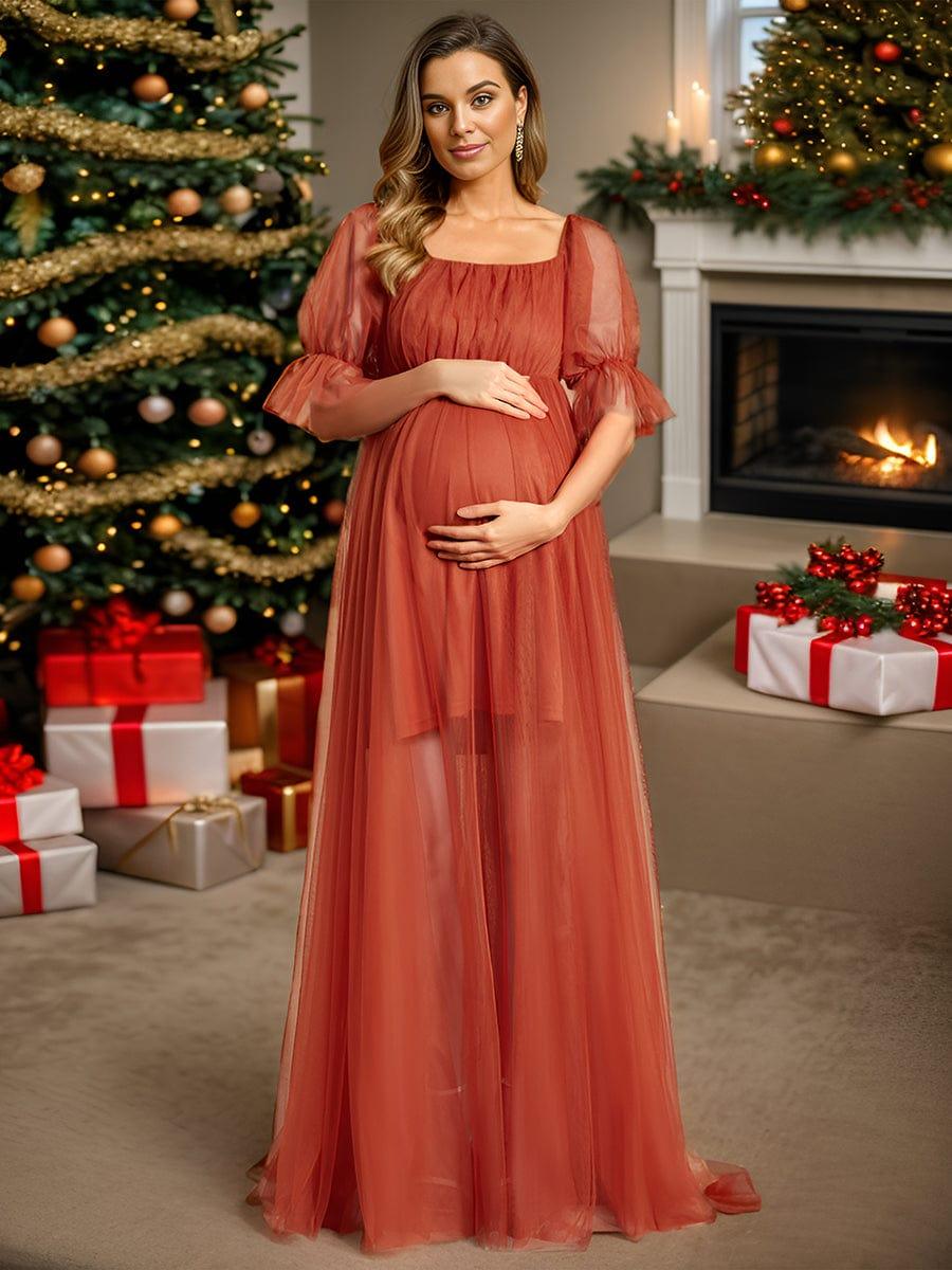 Off the Shoulder Pleated Tulle Maxi Maternity Dress #color_Burnt Orange