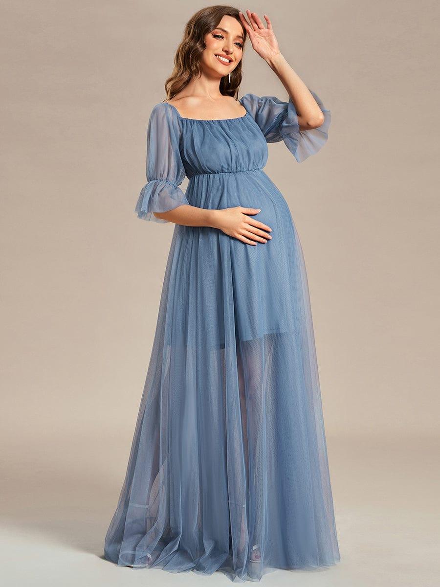 Off the Shoulder Pleated Tulle Maxi Maternity Dress #color_Dusty Blue