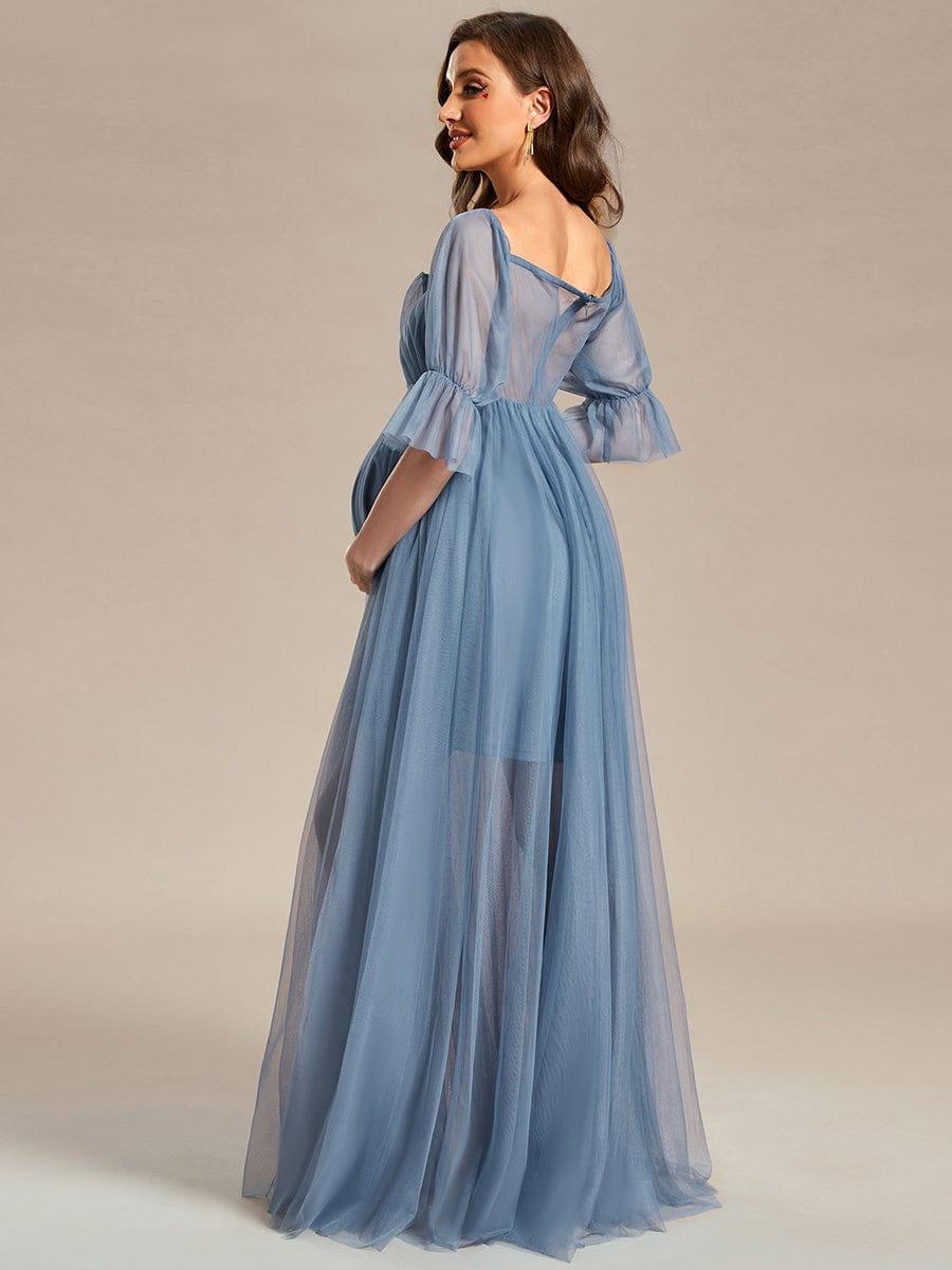 Off the Shoulder Pleated Tulle Maxi Maternity Dress #color_Dusty Blue