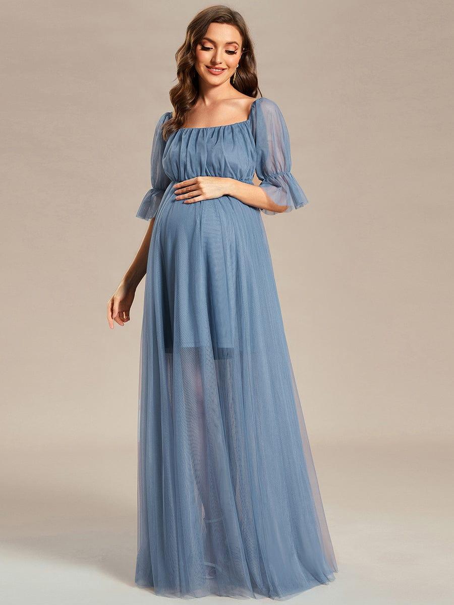 Off the Shoulder Pleated Tulle Maxi Maternity Dress #color_Dusty Blue