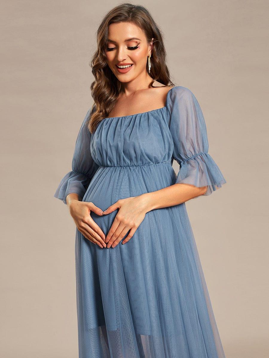 Off the Shoulder Pleated Tulle Maxi Maternity Dress #color_Dusty Blue