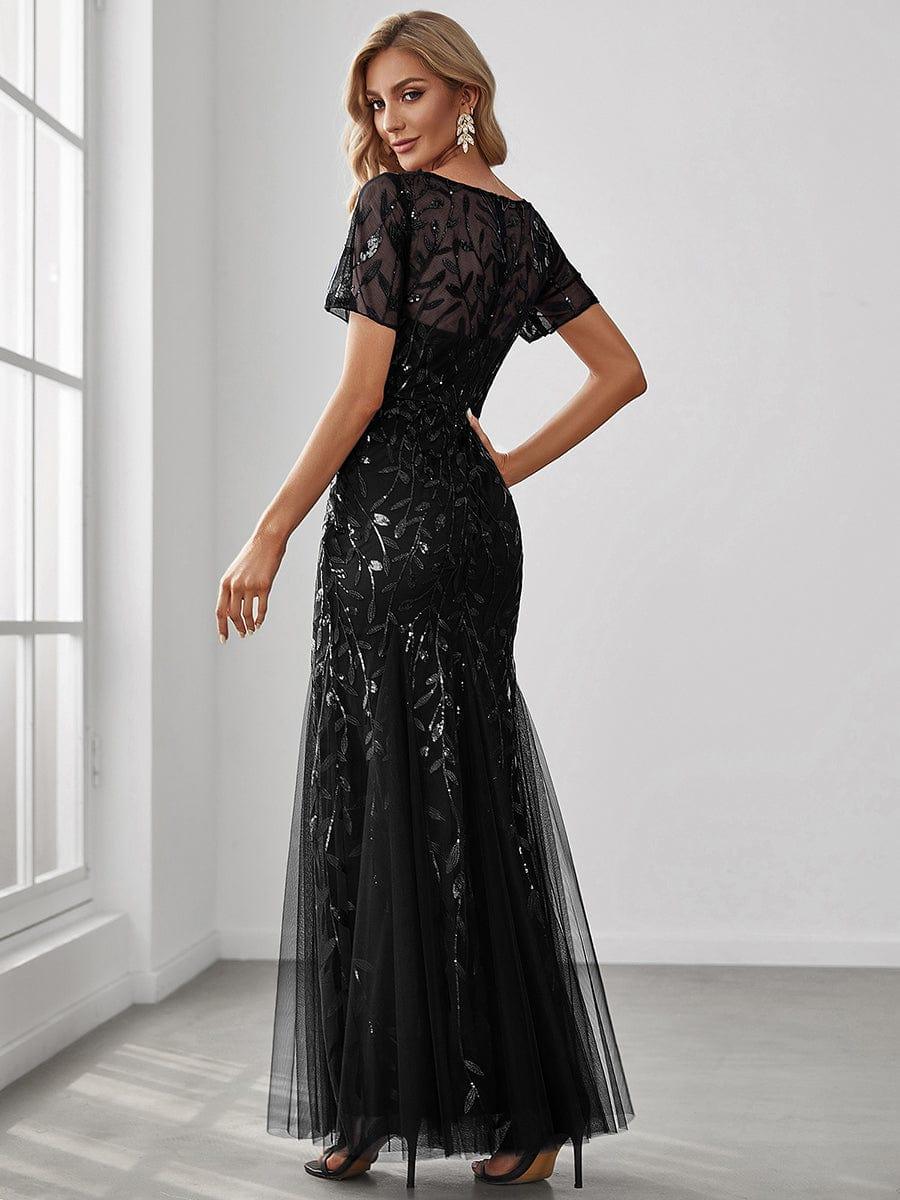 Sequin Leaf Maxi Long Fishtail Tulle Prom Dresses With Half Sleeves #color_Black